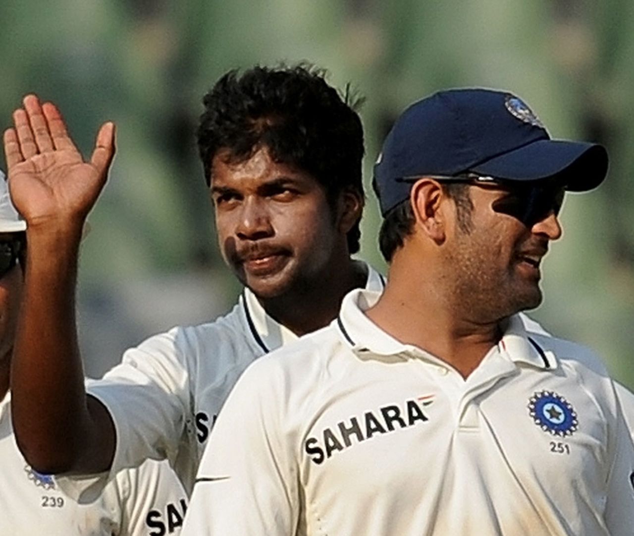 Varun Aaron is congratulated on dismissing Darren Sammy, India v West Indies, 3rd Test, Mumbai, 2nd day, November 23, 2011