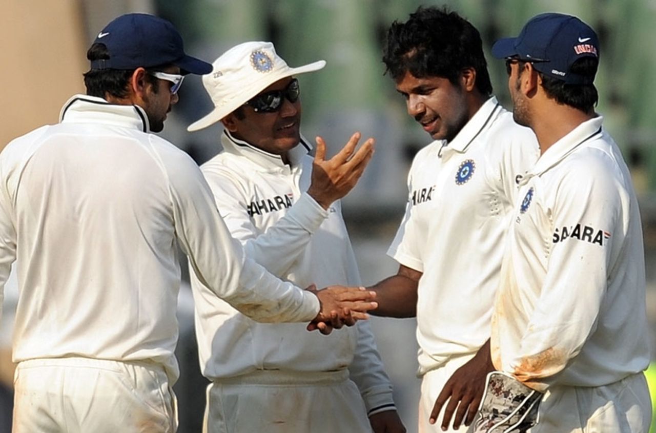 Varun Aaron celebrates his dismissal of Darren Sammy, India v West Indies, 3rd Test, Mumbai, 2nd day, November 23, 2011