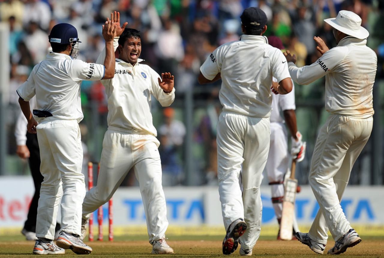 Pragyan Ojha is congratulated on getting rid of Darren Bravo, India v West Indies, 3rd Test, Mumbai, 5th day, November 26, 2011 