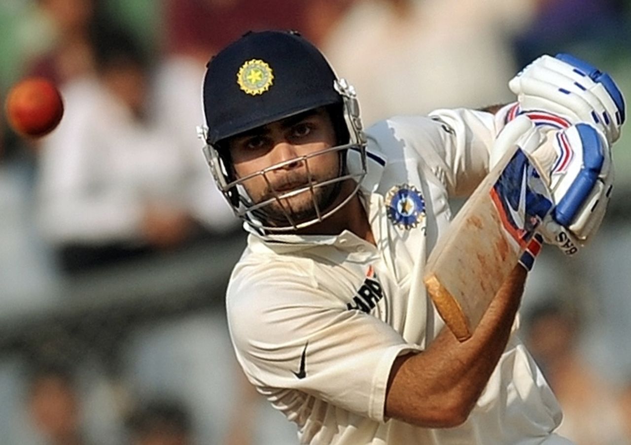 Virat Kohli made 63 in a tense chase, India v West Indies, 3rd Test, Mumbai, 5th day, November 26, 2011 
