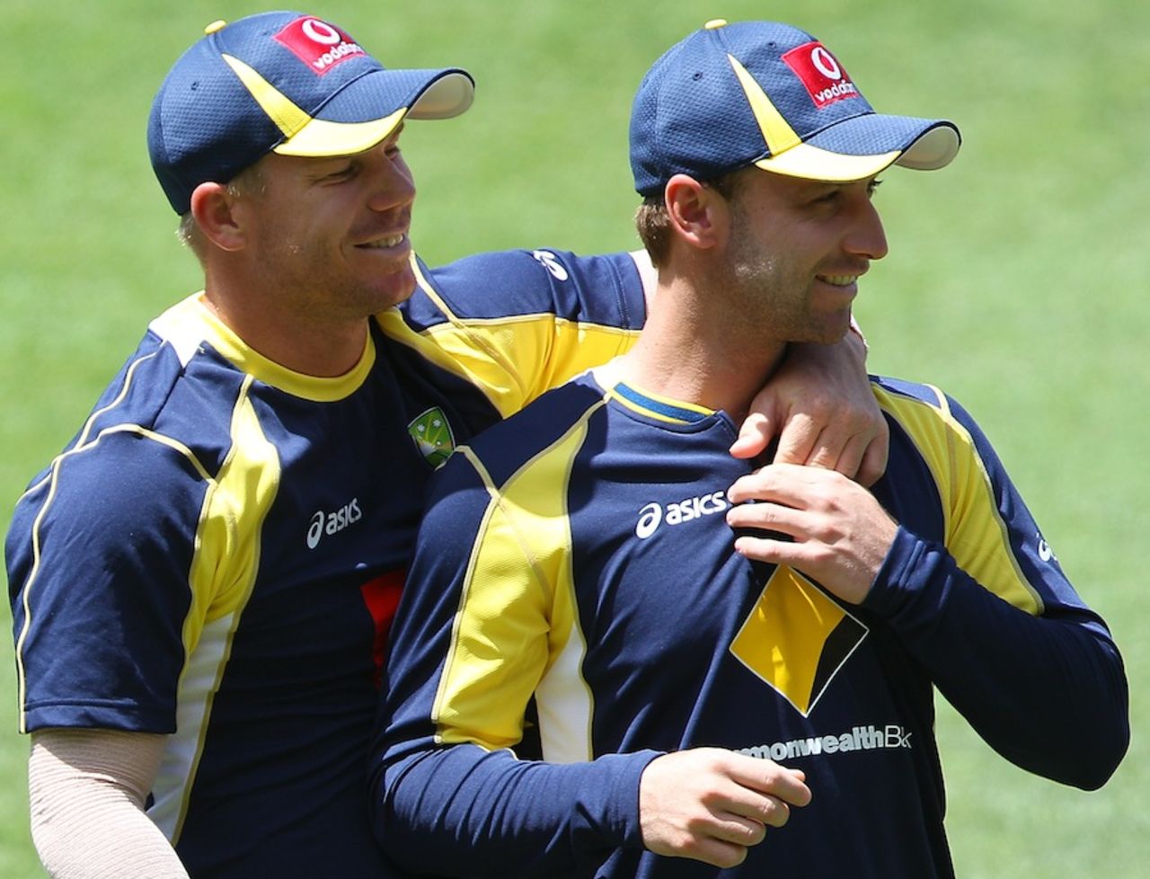 David Warner and Phillip Hughes during a training session at the Gabba, Brisbane, November 29, 2011