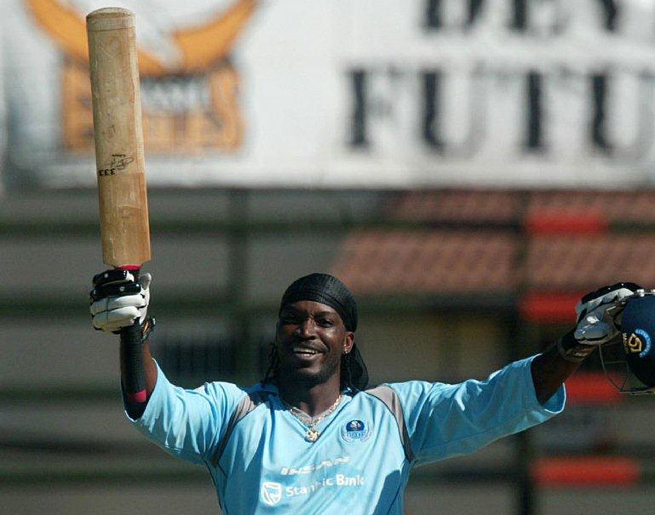 Chris Gayle celebrates his century for Matabeleland Tuskers, Mid West Rhinos v Matabeleland Tuskers Stanbic Bank 20 Series, Harare, November 29, 2011