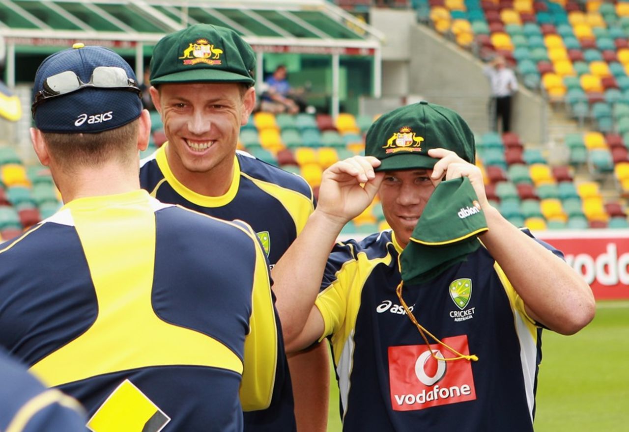 James Pattinson and David Warner with their new baggy greens, Australia v New Zealand, 1st Test, Brisbane, 1st day, December 1, 2011