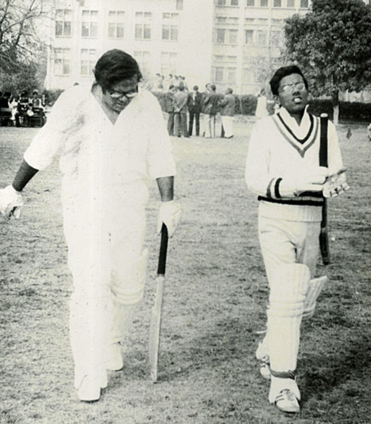 A 20-year-old Mudar Patherya walks out to open the innings with Rajan Bala for Indian Journalists, Faisalabad, 1982