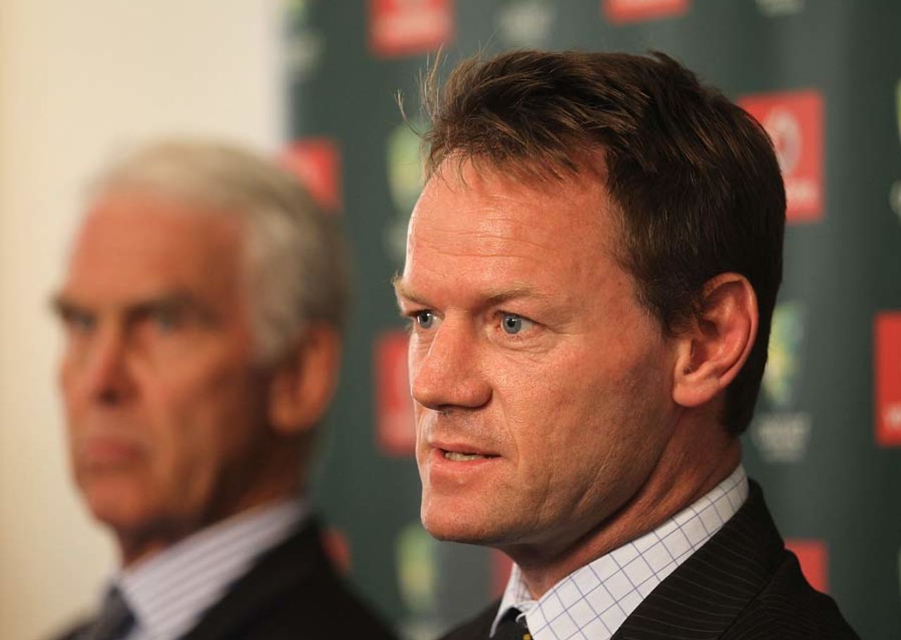 Australia's performance manager Pat Howard speaks to the media with Australian Chairman of Selectors John Inverarity (left) looking on, Brisbane, November 26, 2011