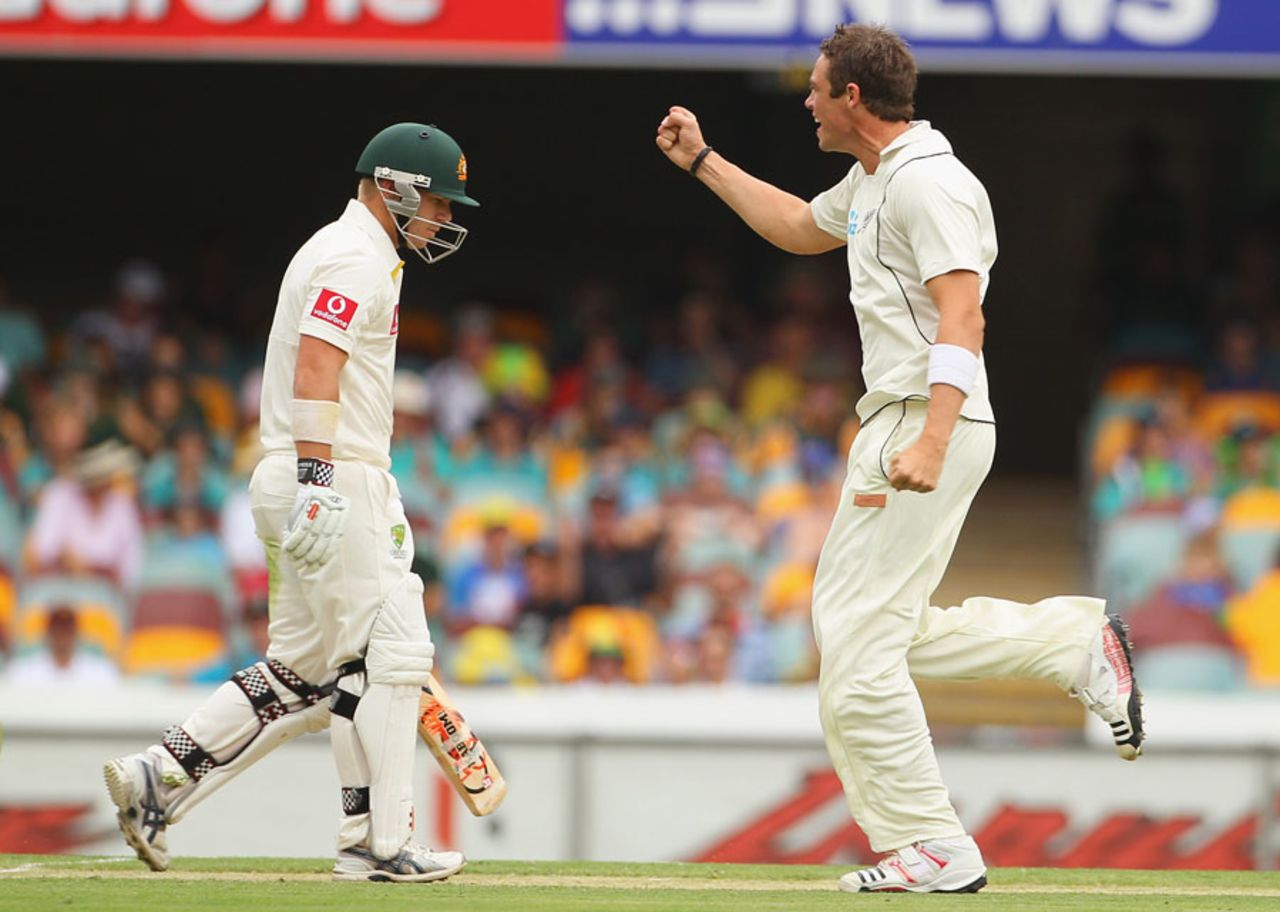 Tim Southee removed David Warner for 1 with his first ball, Australia v New Zealand, 1st Test, Brisbane, 2nd day, December 2, 2011
