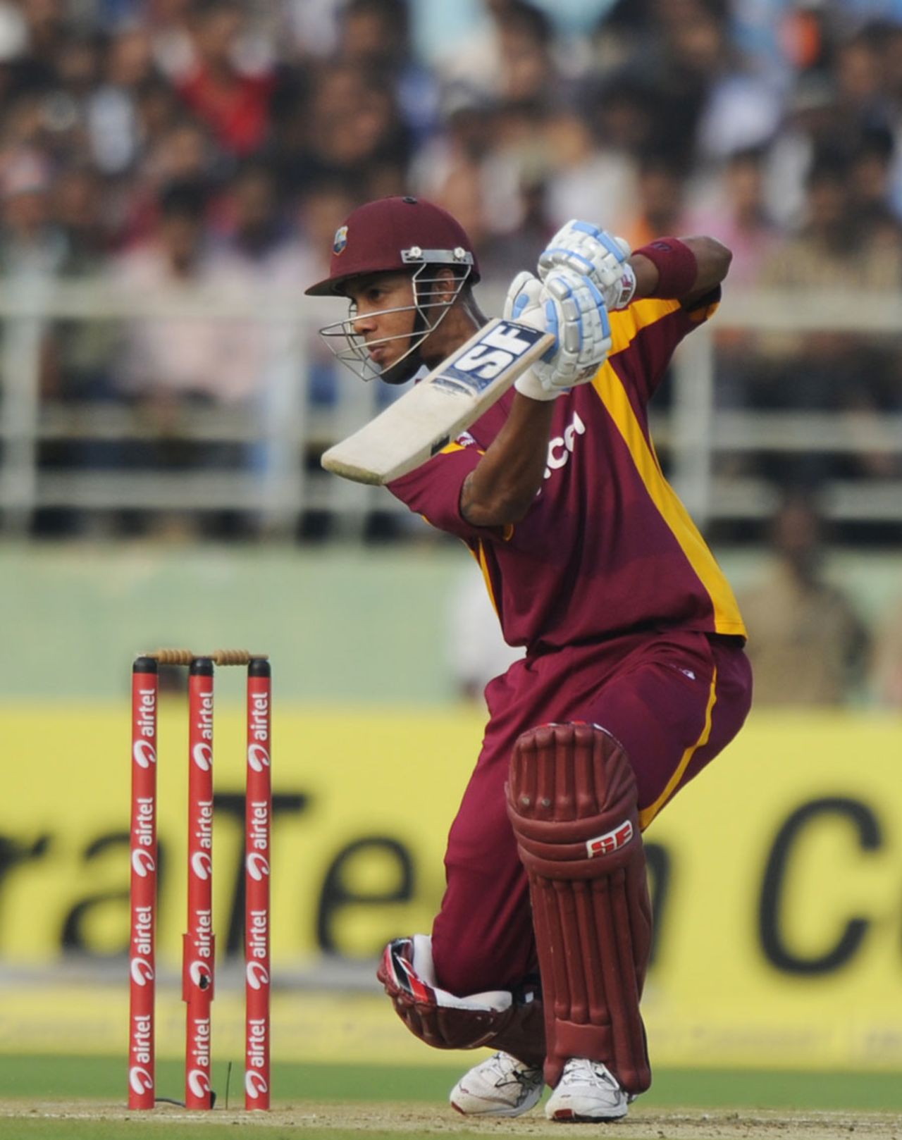 Lendl Simmons strokes one into the covers, India v West Indies, 2nd ODI, Visakhapatnam, December 2, 2011