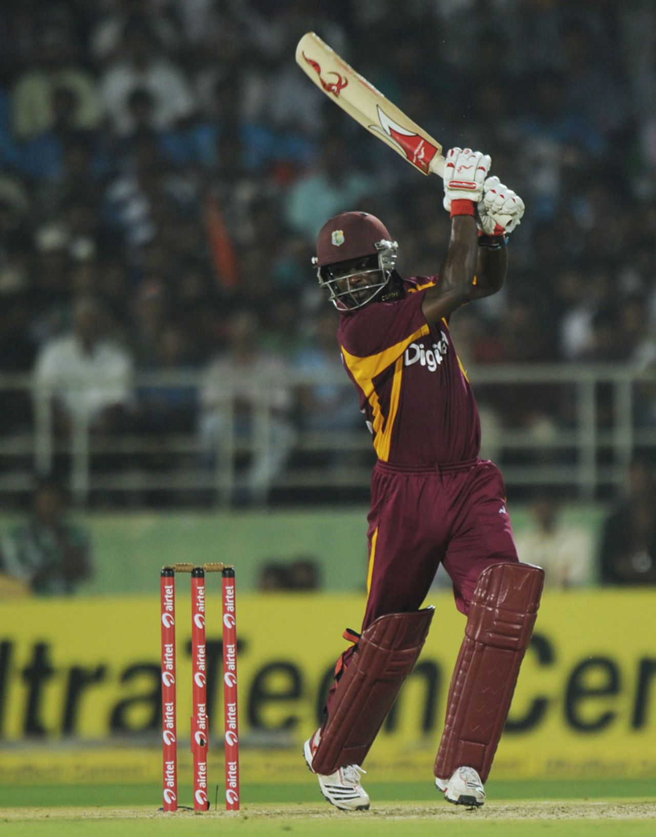 Kemar Roach hits through the off side, India v West Indies, 2nd ODI, Visakhapatnam, December 2, 2011