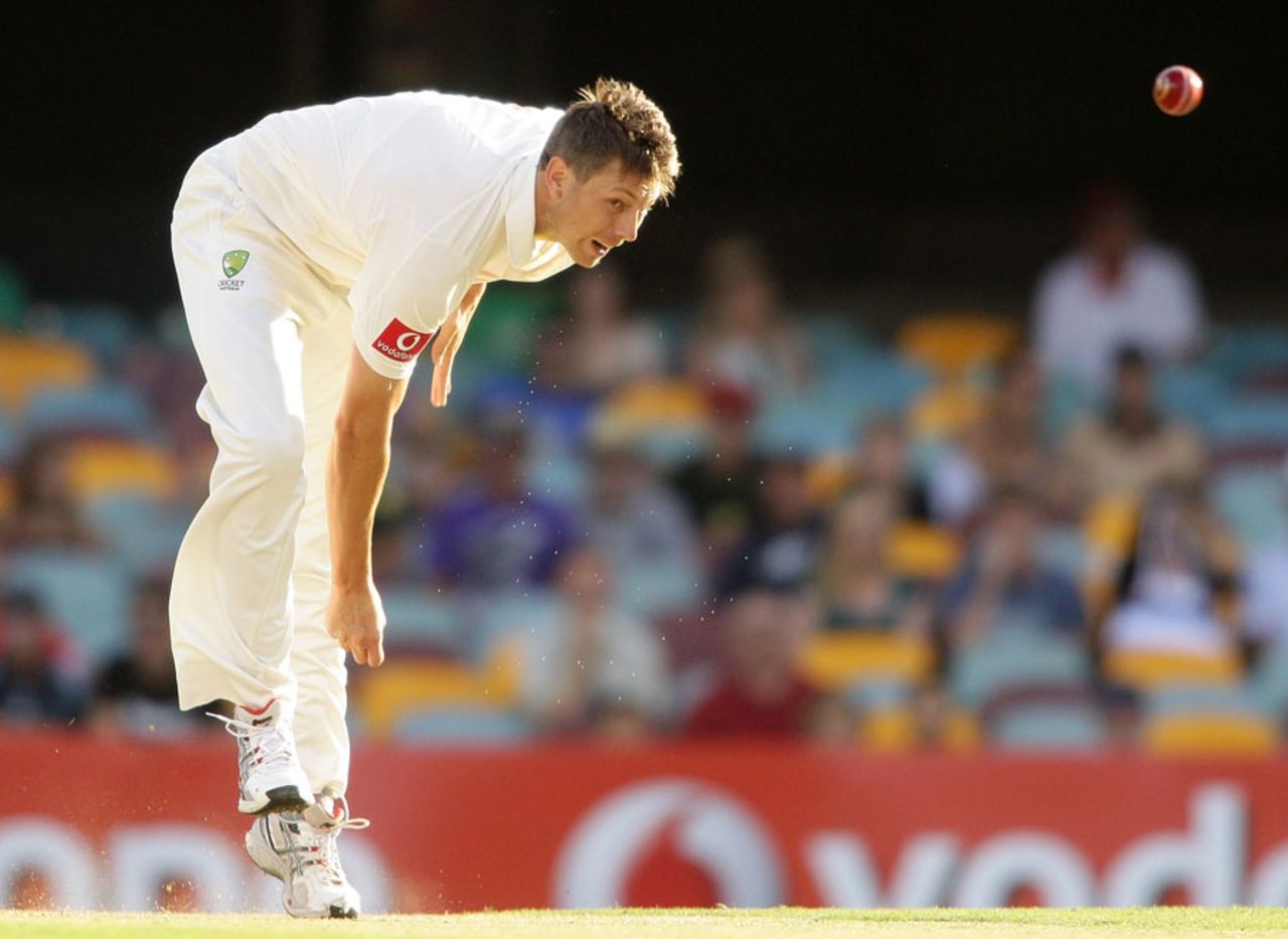 James Pattinson releases the ball, Australia v New Zealand, 1st Test, Brisbane, 3rd day, December 3, 2011