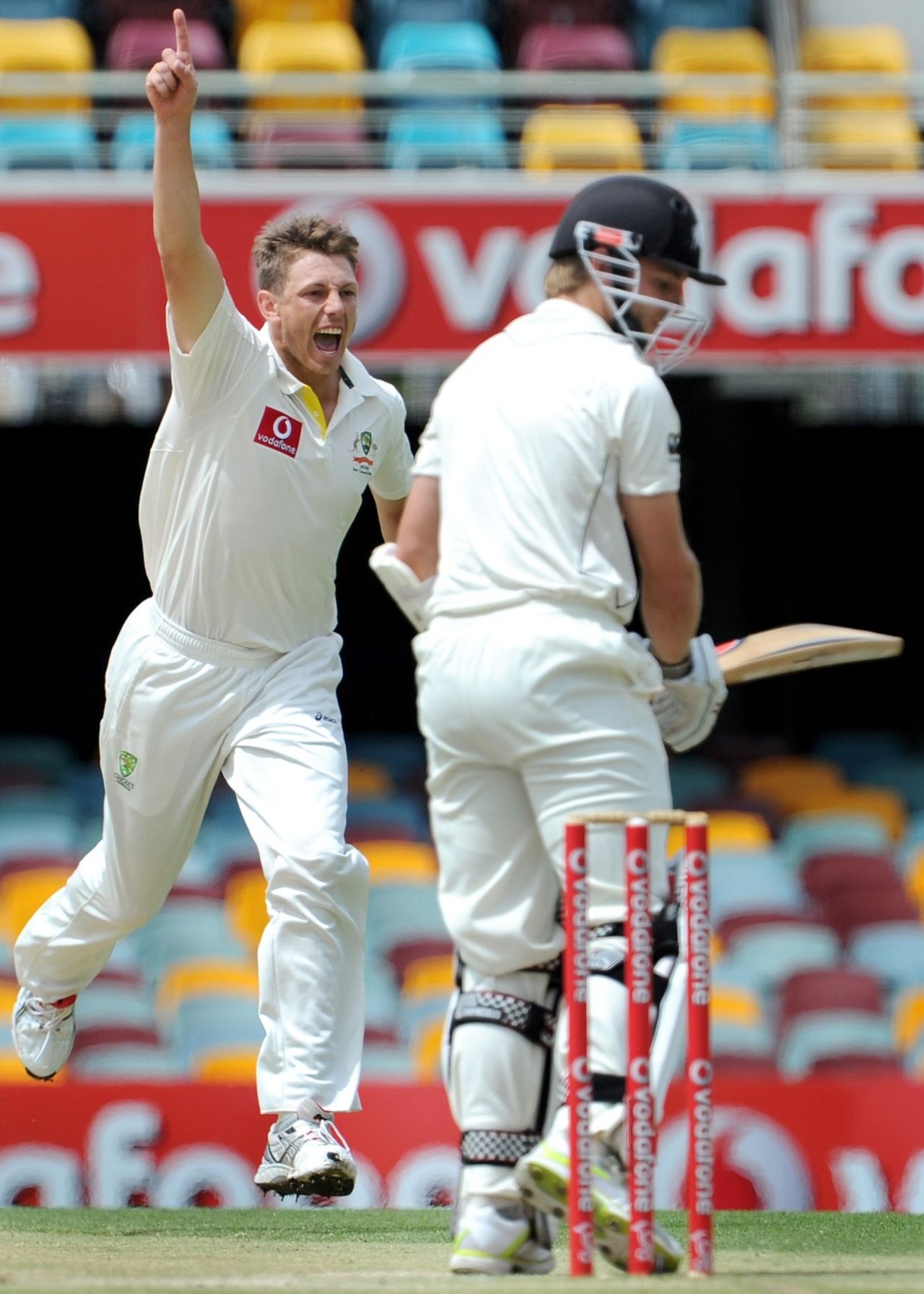 James Pattinson celebrates the wicket of Kane Williamson, Australia v New Zealand, 1st Test, Brisbane, 4th day, December 4, 2011