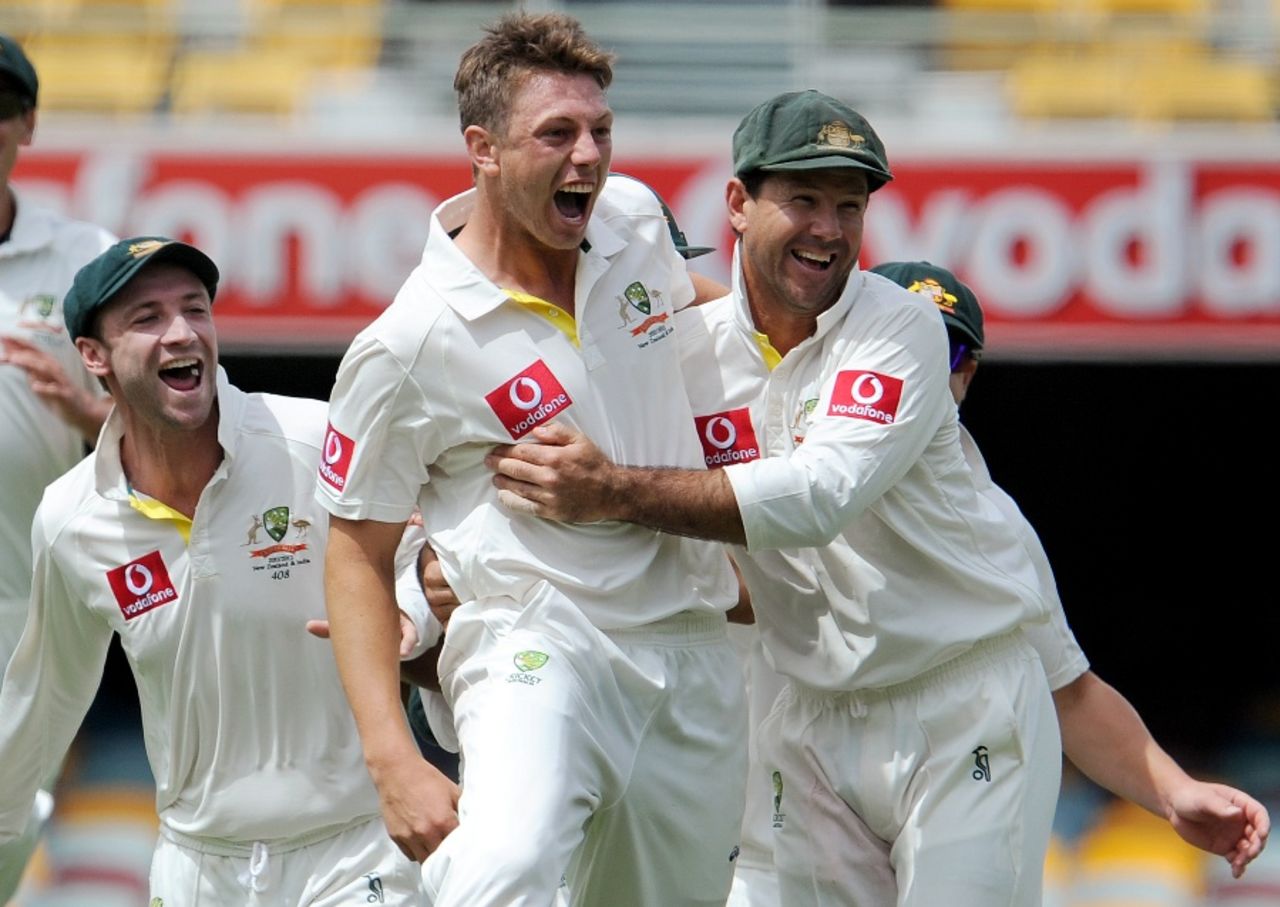 James Pattinson celebrates a wicket, Australia v New Zealand, 1st Test, Brisbane, 4th day, December 4, 2011