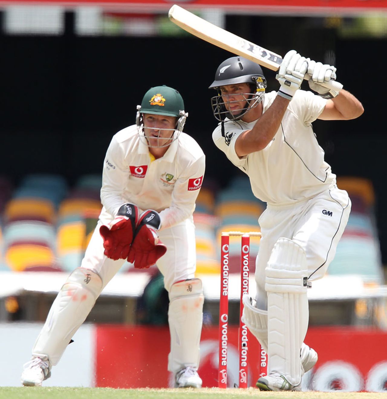 Dean Brownlie drives through the off side, Australia v New Zealand, 1st Test, Brisbane, 4th day, December 4, 2011