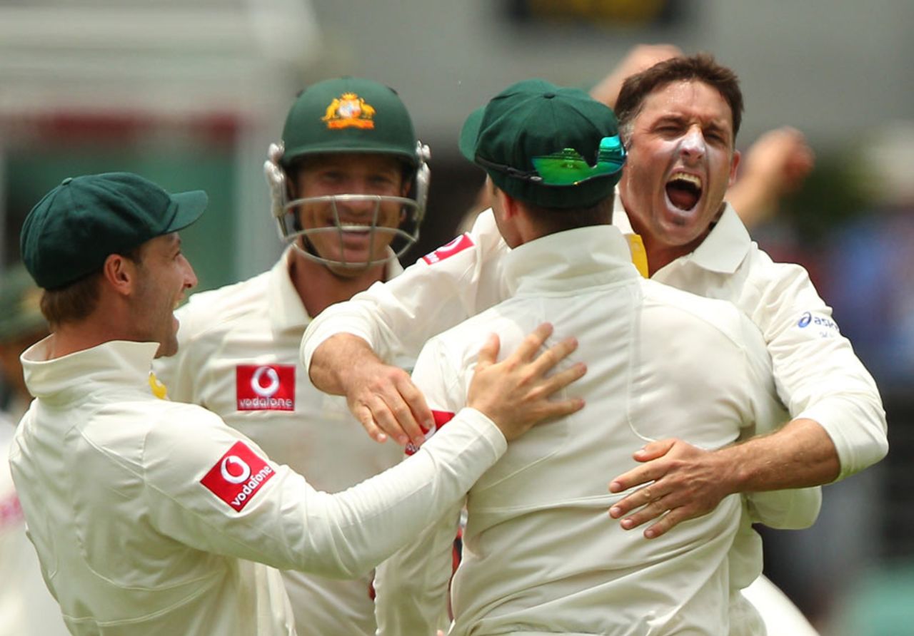 Michael Hussey is overjoyed after getting wicket of Daniel Vettori, Australia v New Zealand, 1st Test, Brisbane, 4th day, December 4, 2011