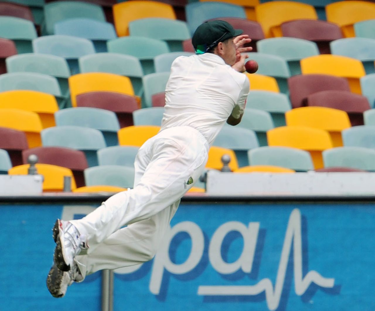 James Pattinson nearly pulled off a difficult catch that would have given David Warner a first-ball wicket, Australia v New Zealand, 1st Test, Brisbane, 4th day, December 4, 2011