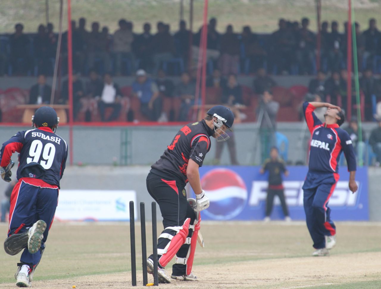 Courtney Kruger is bowled by Mahboob Alam during the ACC Twenty20 Cup 2011 match against Nepal played at Tribhuvan University Ground in Kathmandu on 3rd December 2011