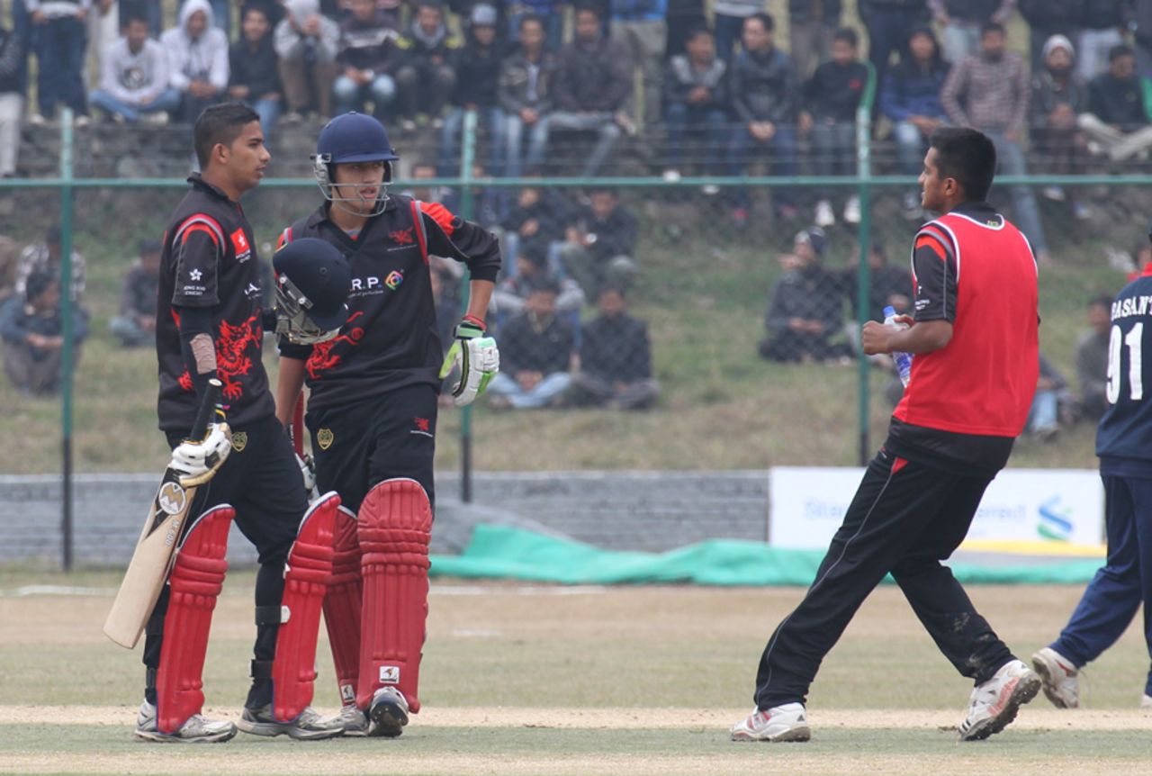 Nadeem Ahmed, Aizaz Khan and Daljeet Singh in the middle during the later overs of Hong Kong's innings against Nepal at the ACC Twenty20 Cup 2011 at Tribhuvan University Ground in Kathmandu on 3rd December 2011