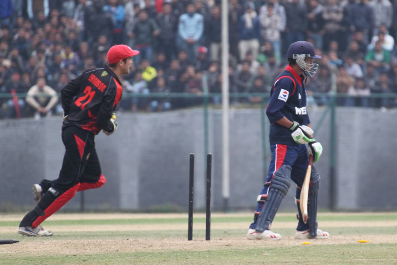 Nepal's Binod Bhandari loses his middle stump against Hong Kong during the ACC Twenty20 CUp 2011 match at Tribhuvan University Ground in Kathmandu on 3rd December 2011