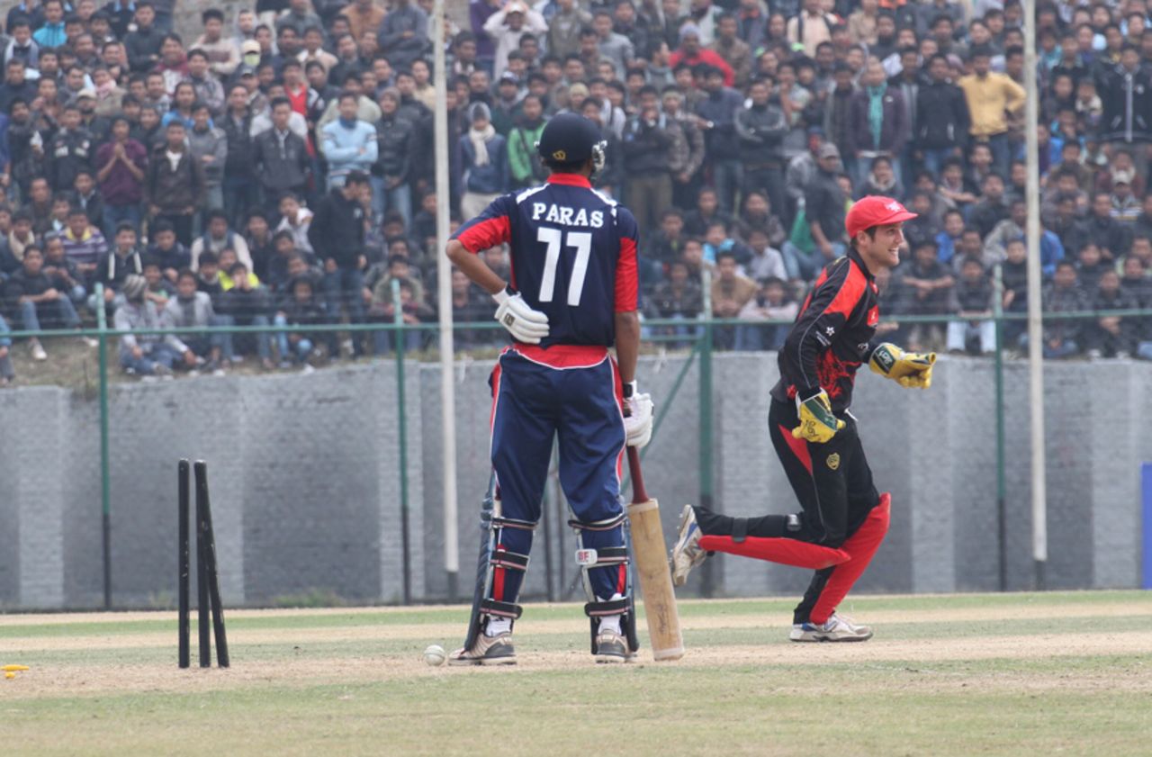 Nepal's Paras Khadka is bowled after scoring 44 against Hong Kong at the ACC Twenty20 Cup 2011 in Kathmandu on 3rd December 2011