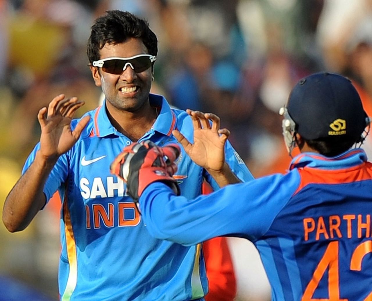 R Ashwin is congratulated on dismissing Marlon Samuels, India v West Indies, 3rd ODI, Ahmedabad, December 5, 2011