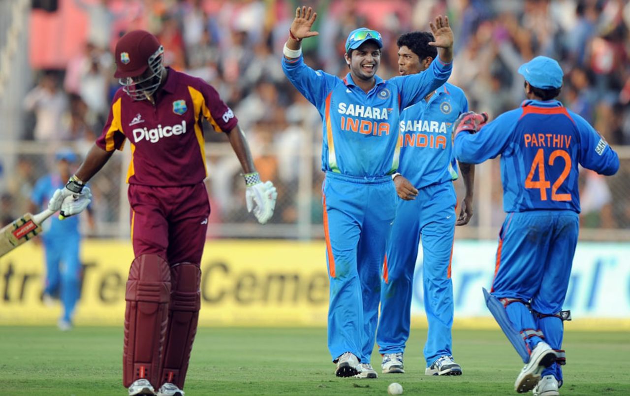 India celebrate Denesh Ramdin's dismissal, India v West Indies, 3rd ODI, Ahmedabad, December 5, 2011