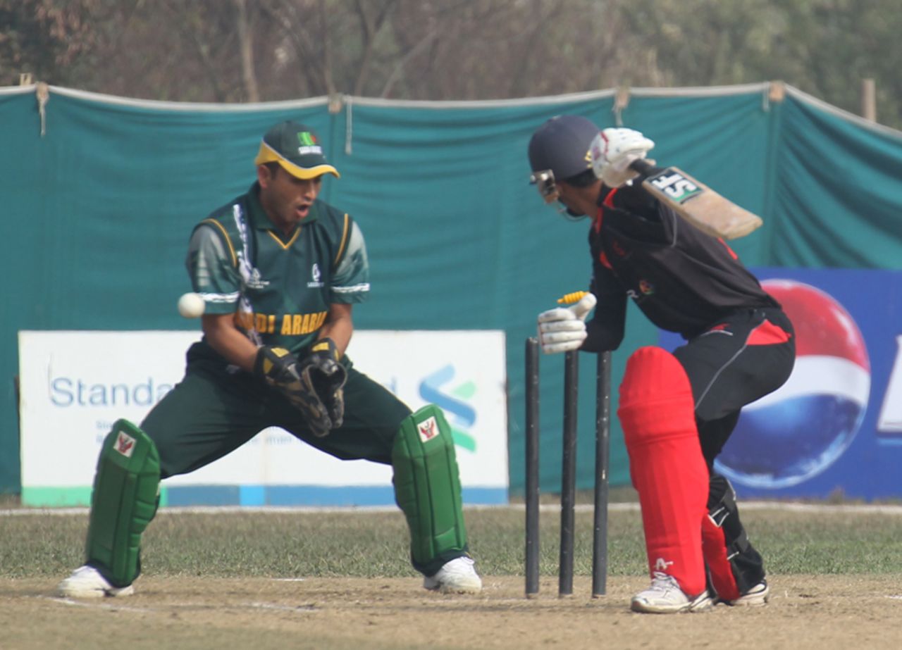 Nizakat Khan drags a wide ball back on to his stumps against Saudi Arabia at the ACC Twenty20 Cup 2011 in Kathmandu