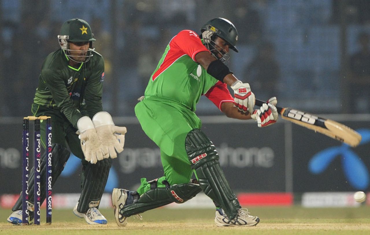 Shahriar Nafees attempts to play an attacking stroke, Bangladesh v Pakistan, 3rd ODI, Chittagong, December 6, 2011 