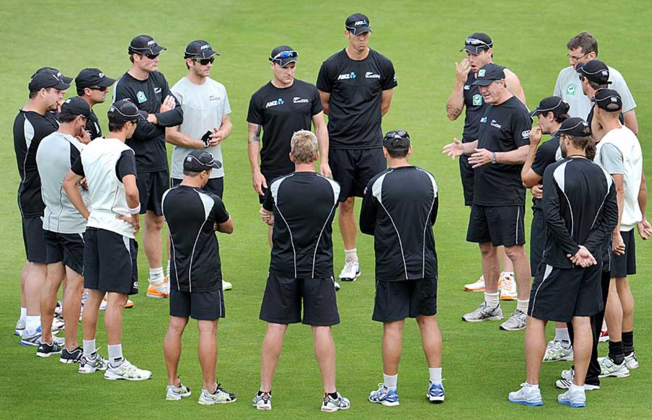 John Wright speaks to his team on the eve of the second Test, Hobart, December 8, 2011