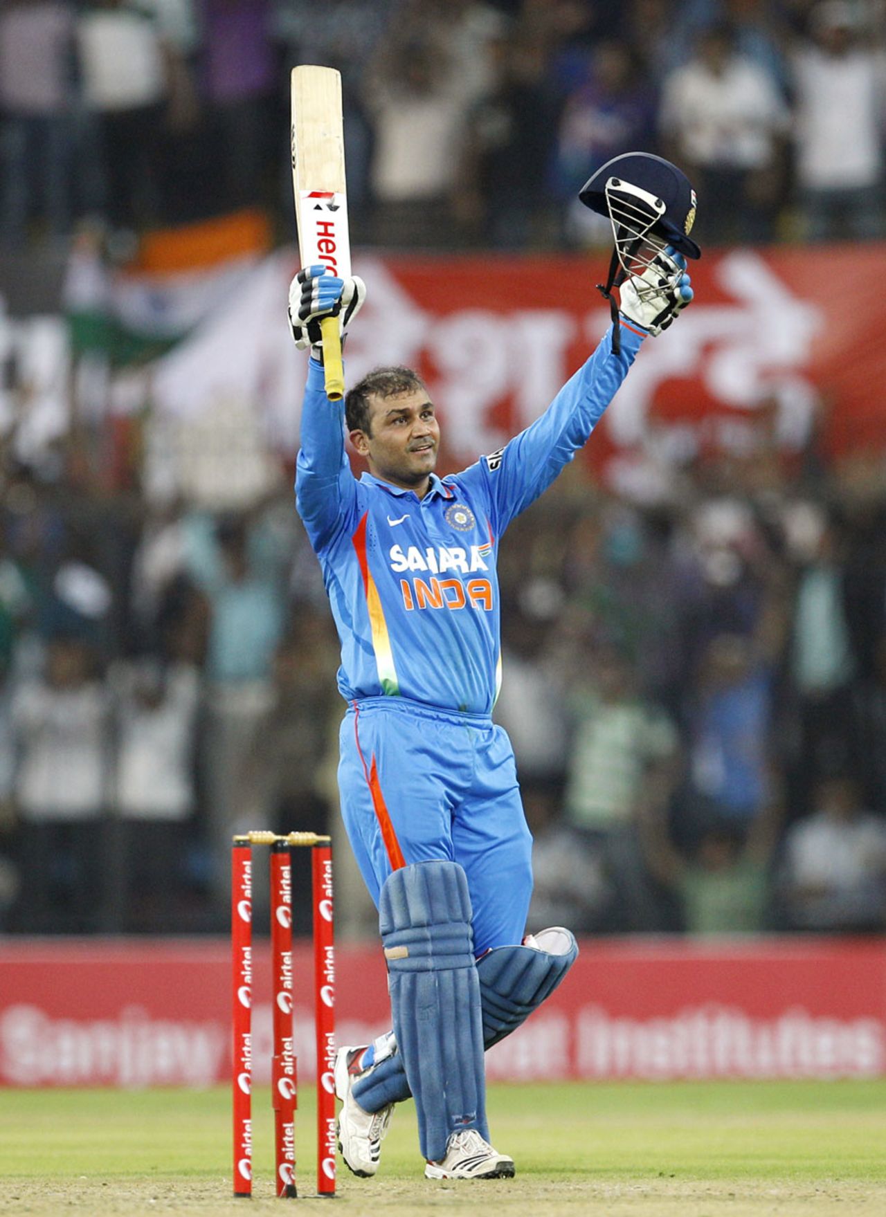 Virender Sehwag celebrates his record-breaking double-hundred, India v West Indies, 4th ODI, Indore, December 8, 2011