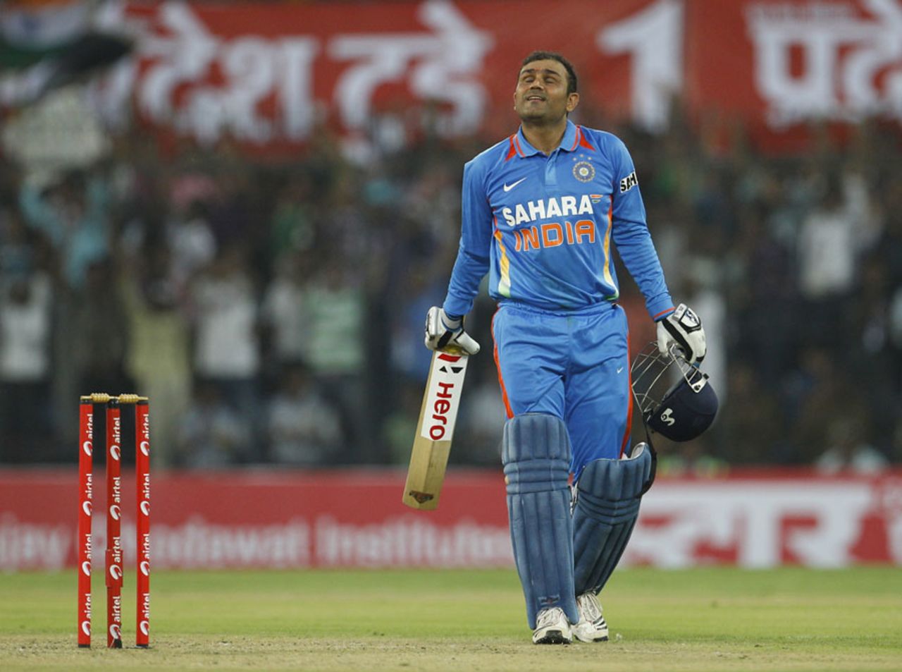 Virender Sehwag reacts after getting to a double-ton, India v West Indies, 4th ODI, Indore, December 8, 2011