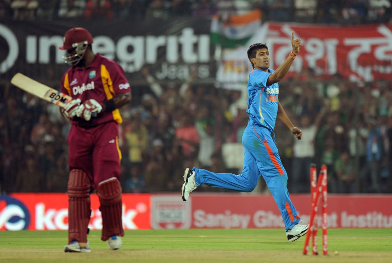 Rahul Sharma celebrates Danza Hyatt's wicket, India v West Indies, 4th ODI, Indore, December 8, 2011