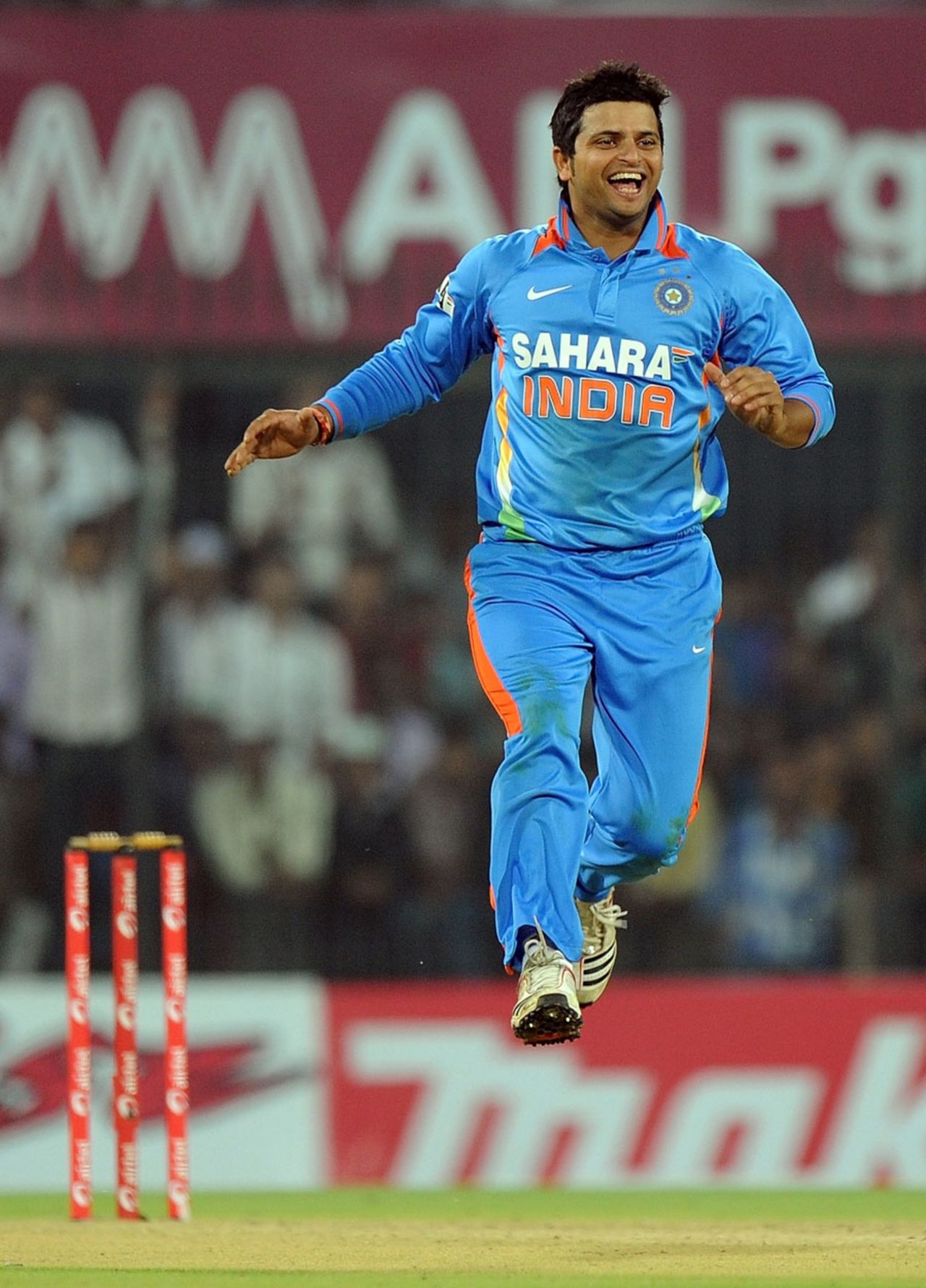 Suresh Raina celebrates Andre Russell's dismissal, India v West Indies, 4th ODI, Indore, December 8, 2011