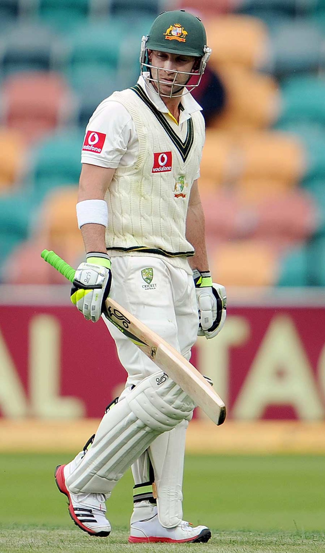 Phillip Hughes walks back after being dismissed, Australia v New Zealand, 2nd Test, Hobart, 1st day, December 9, 2011