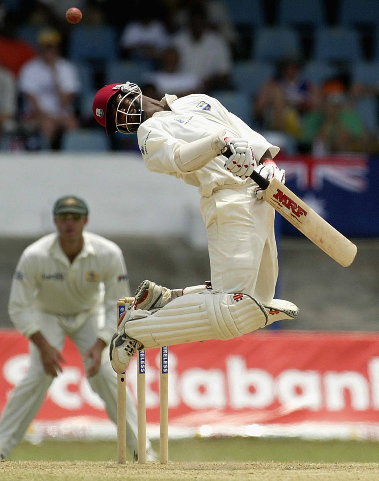 Brian Lara jumps to avoid a Brett Lee bouncer, West Indies v Australia, second Test, Port-of-Spain, April 22, 2003