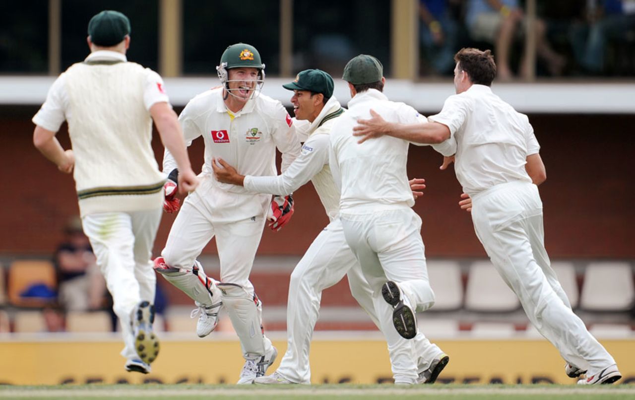 Australia celebrate Brad Haddin's stumping of Jesse Ryder, Australia v New Zealand, second Test, Hobart, 2nd day, December 10, 2011