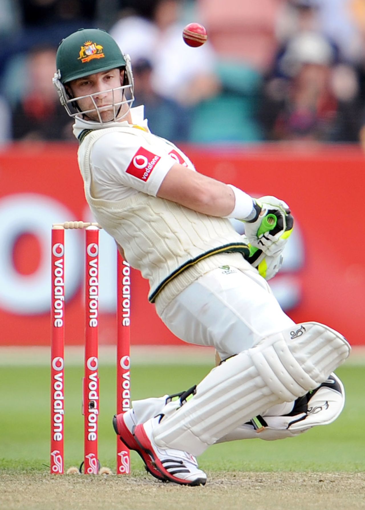 Phillip Hughes ducks a short one, Australia v New Zealand, second Test, Hobart, 3rd day, December 11 2011