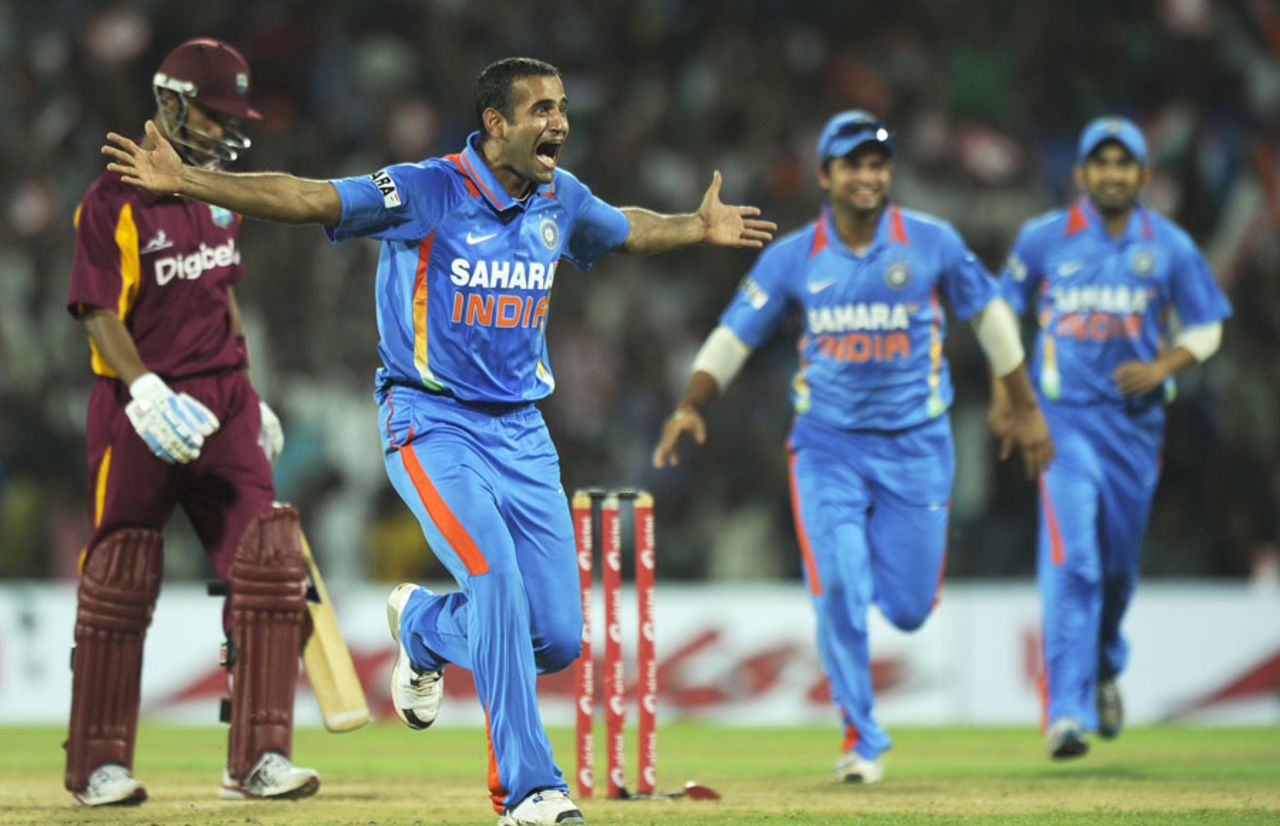 Irfan Pathan is ecstatic after dismissing Lendl Simmons, India v West Indies, 5th ODI, Chennai, December 11, 2011
