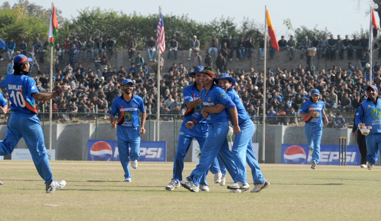 Afghanistan celebrate a wicket during their victory, Afghanistan v Hong Kong, Asian Cricket Council Twenty20 Cup final, Kirtipur, December 11, 2011