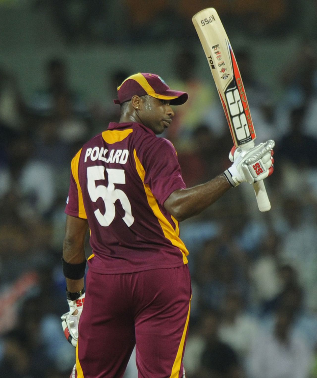 Kieron Pollard raises his bat after reaching his half-century, India v West Indies, 5th ODI, Chennai, December 11, 2011