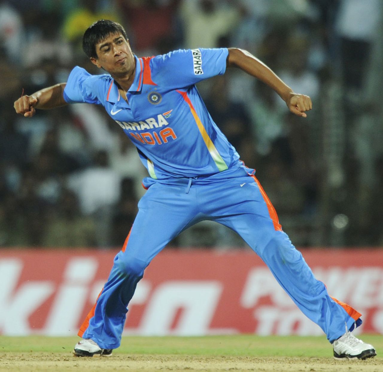 Rahul Sharma celebrates the wicket of Sunil Narine, India v West Indies, 5th ODI, Chennai, December 11, 2011