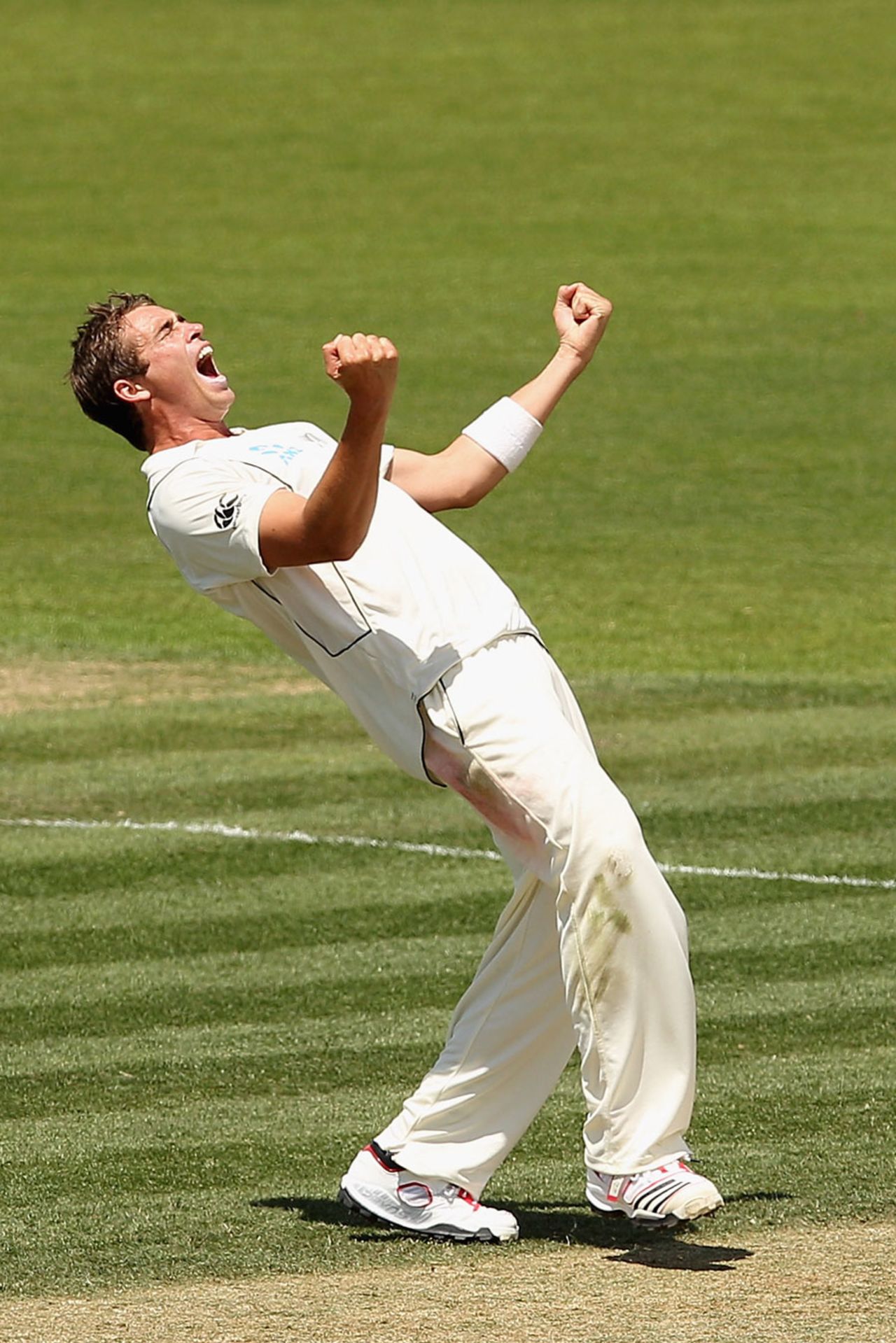 Tim Southee roars after New Zealand pick up the final wicket, Australia v New Zealand, 2nd Test, Hobart, 4th day, December 12 2011