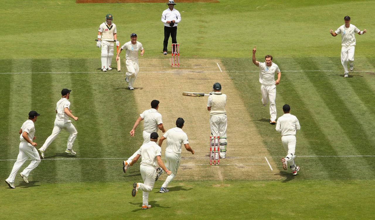 James Pattinson reviews an lbw decision even as New Zealand celebrate, Australia v New Zealand, 2nd Test, Hobart, 4th day, December 12 2011