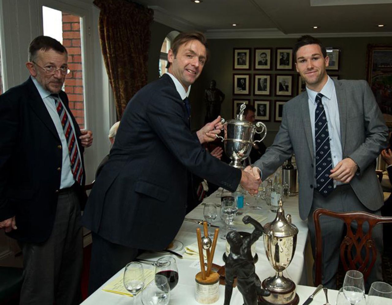 Jamie Perkin (Oxfordshire) receives the Wilfred Rhodes Trophy for batting from John Stephenson (Head of Cricket MCC) , Lord's 7th December 2011