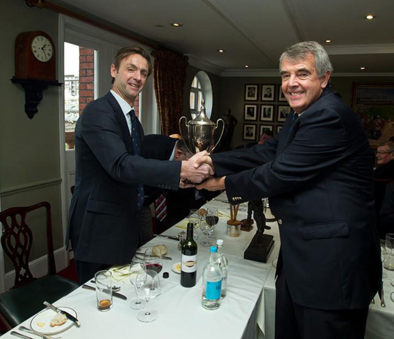 Neil Gamble (CEO Devon CCC) receives MCC Trophy from John Stephenson (Head of Cricket MCC) on behalf of Championship winners Devon, Lord's 7th December 2011