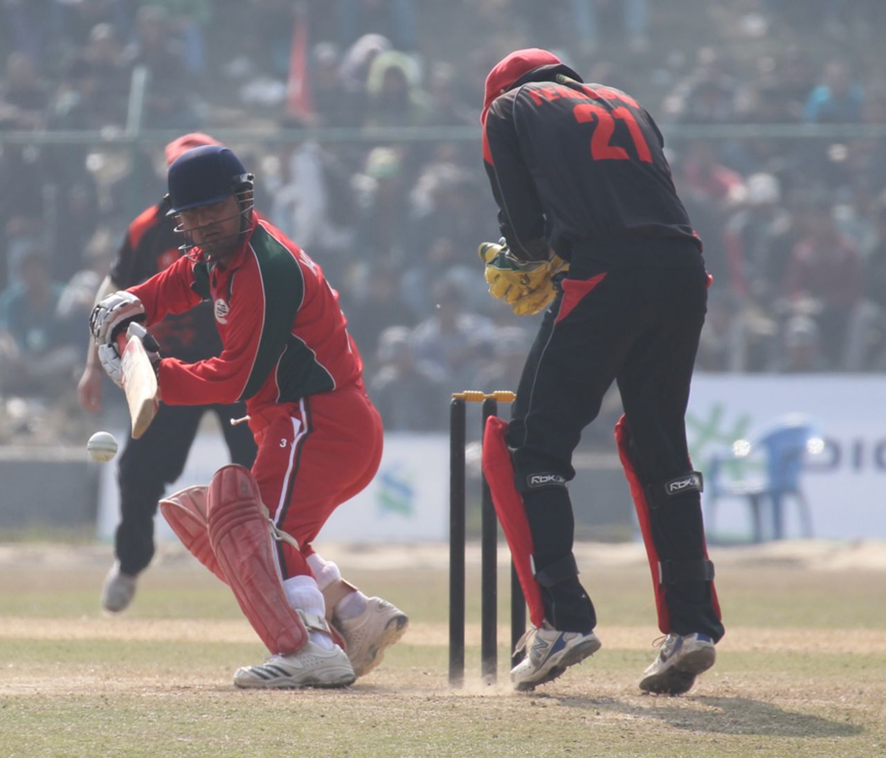 Oman's Vaibhav Wategaonkar dabs the ball through the slip region for a boundary against Hong Kong during the ACC Twenty20 Cup 2011 semi-final in Kathmandu on 9th December 2011