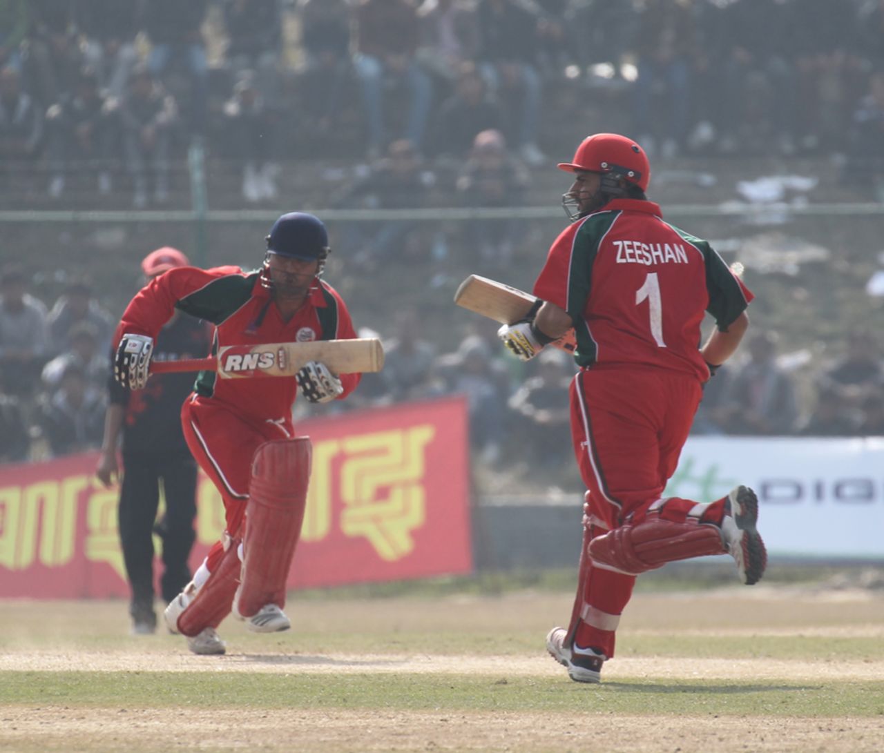 Oman's Vaibhav Wategaonkar and Zeeshan Siddiqui shared a partnership of 25 runs against Hong Kong during their ACC Twenty20 Cup 2011 semi-final match at Kathmandu on 9th December 2011
