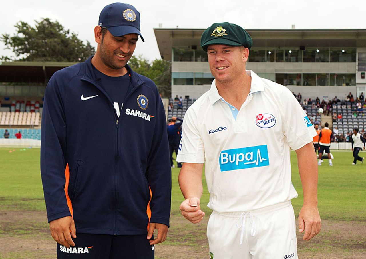 MS Dhoni and David Warner get ready for the toss, Cricket Australia Chairman's XI v Indians, Canberra, 1st day, December 19, 2011
