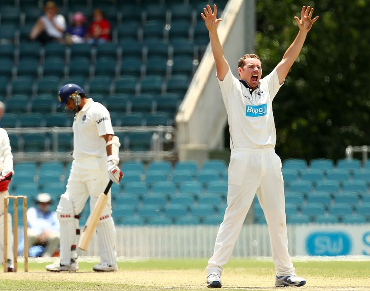 Jon Holland appeals for one of his six wickets, Cricket Australia Chairman's XI v Indians, Canberra, 2nd day, December 20, 2011
