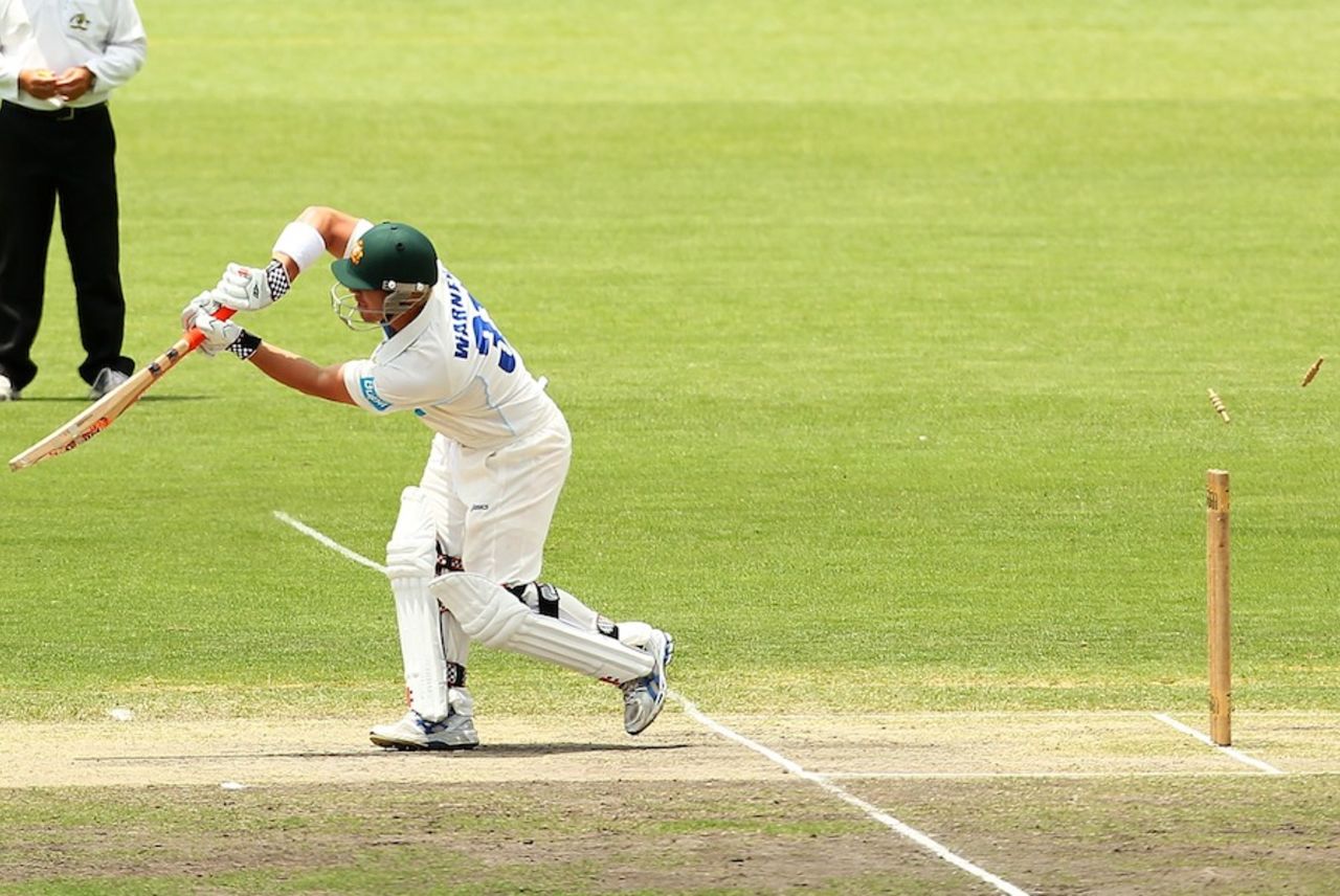 David Warner was bowled for 2, Cricket Australia Chairman's XI v Indians, Canberra, 2nd day, December 20, 2011