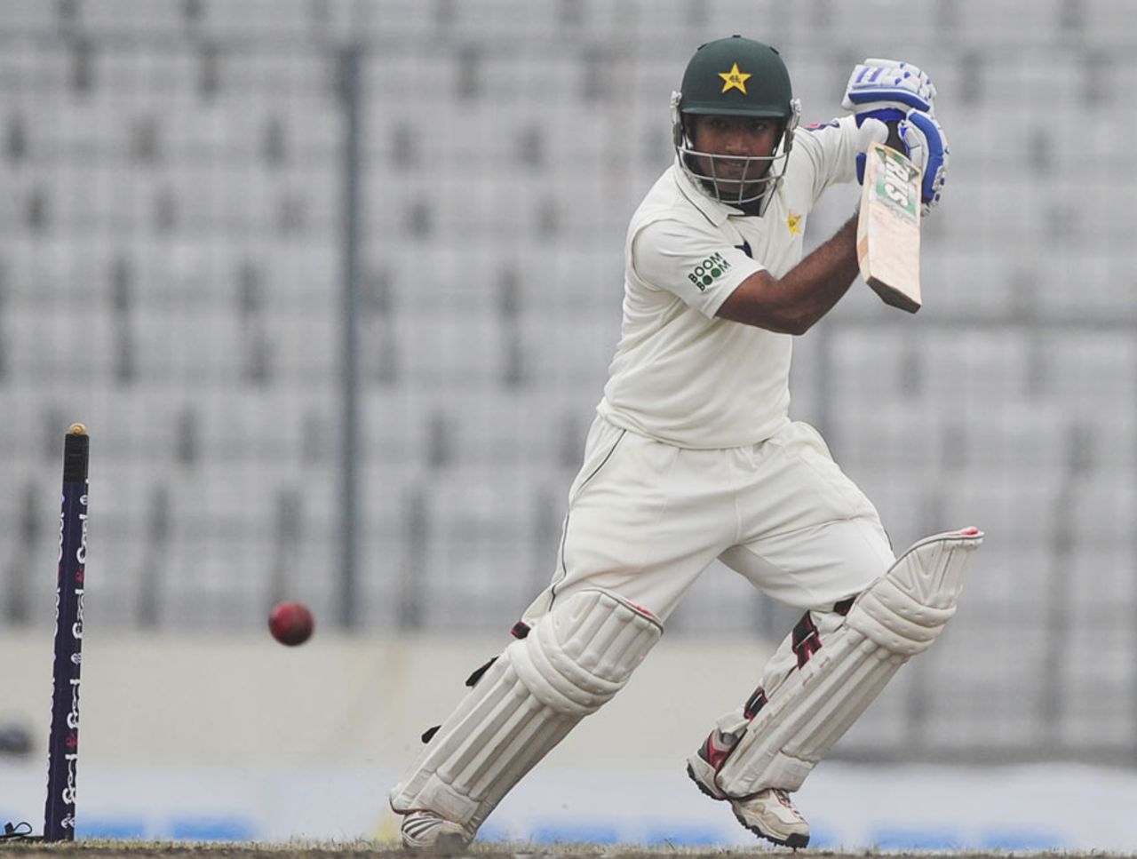 Asad Shafiq punches the ball towards point, Bangladesh v Pakistan, 2nd Test, Mirpur, 4th day, December 20, 2011 