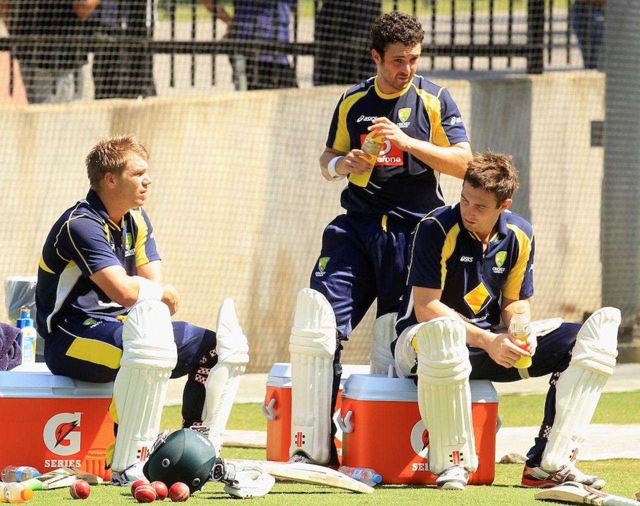 Australia's top three - David Warner, Ed Cowan and Shaun Marsh - at a net session, Melbourne, December 24, 2011